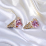 Gold Filled Pink Cz Heart Ice Cream Cone Stud Earrings