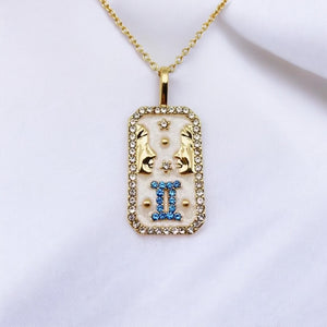 Gemini Astrological Zodiac Enamel and Cz Diamond Necklace