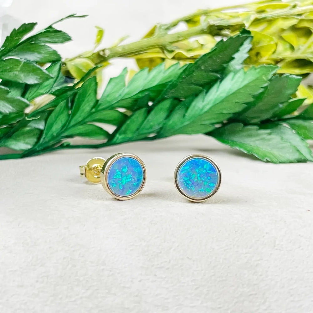 Blue Fire Opal Round Bezel Earrings