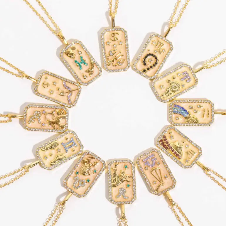 Gemini Astrological Zodiac Enamel and Cz Diamond Necklace