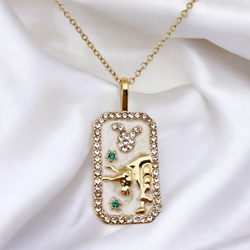 Taurus Astrological Zodiac Gold & Steel Cz Diamond Enamel Necklace