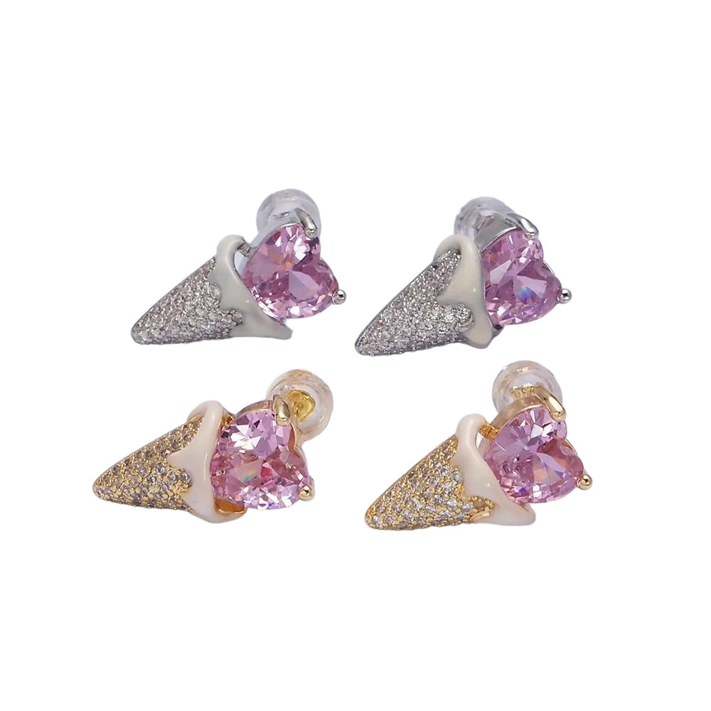 Gold Filled Pink Cz Heart Ice Cream Cone Stud Earrings