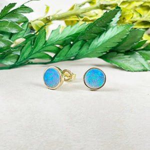 Blue Fire Opal Round Bezel Earrings