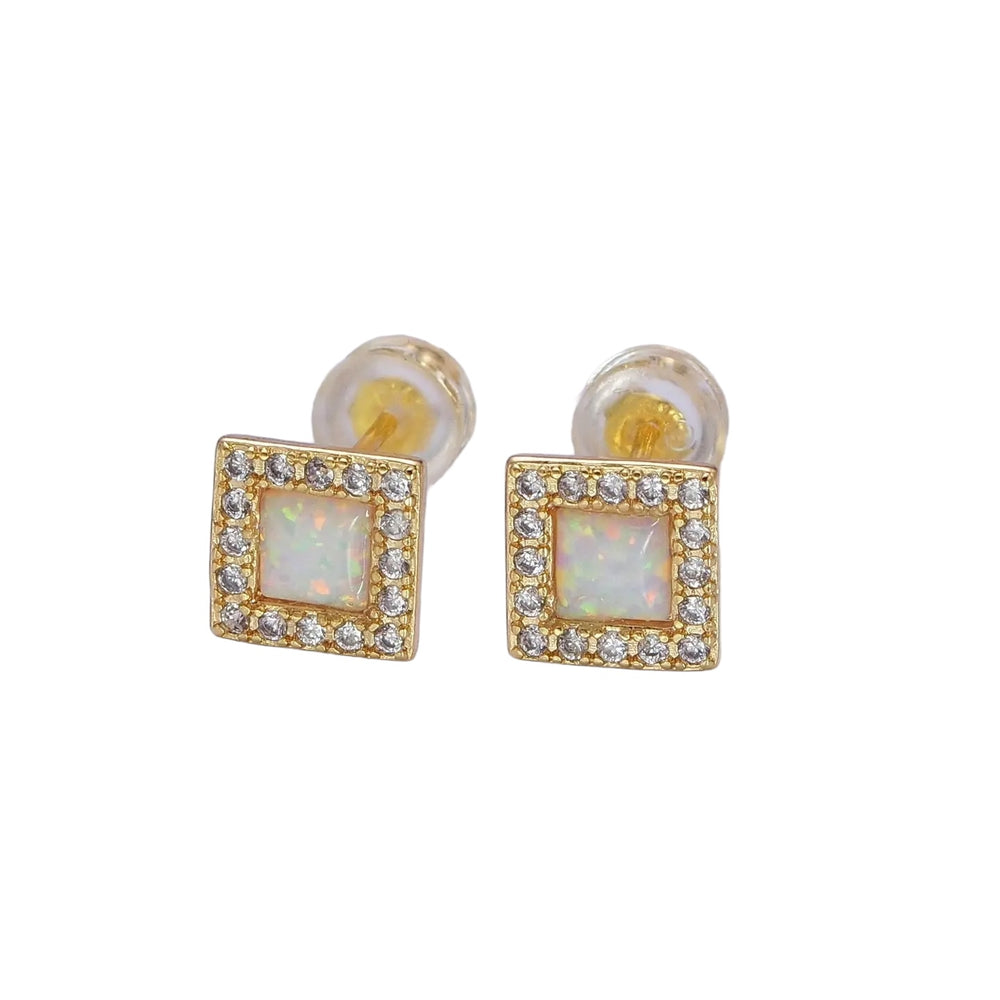 14K Gold Filled White Opal Micro Paved Cz Square Stud Earrings