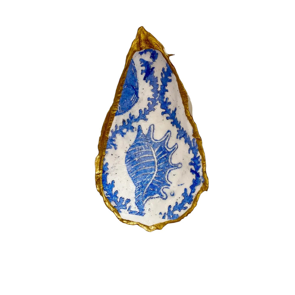 Blue Seashell Print Oyster Jewelry Dish