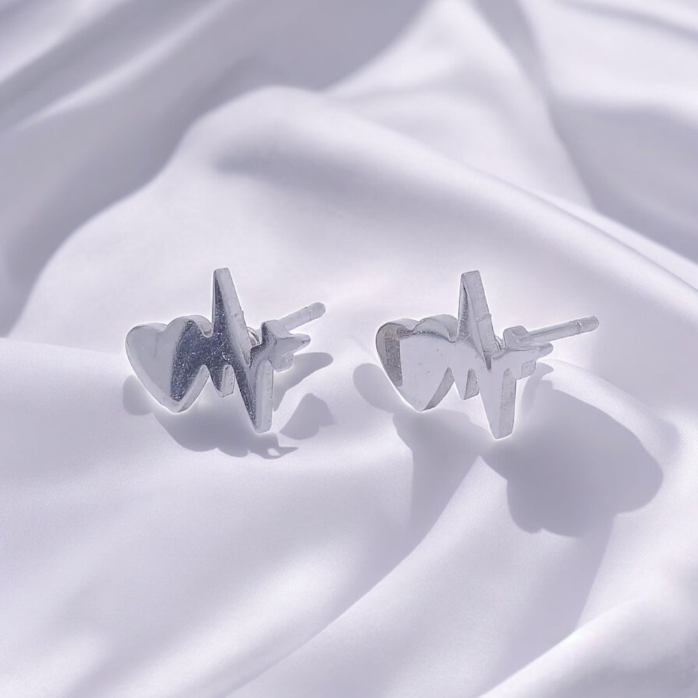 Stainless Steel Heartbeat Pulse Silver Stud Earrings