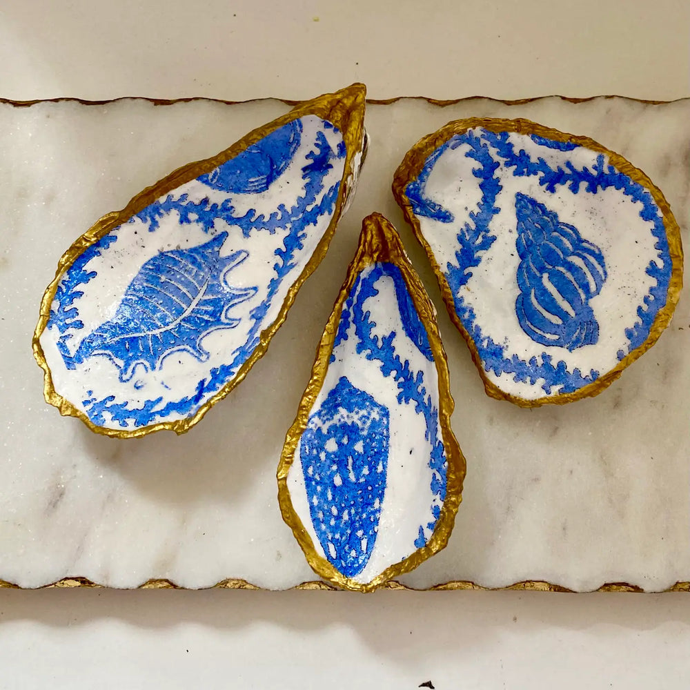 Blue Seashell Print Oyster Jewelry Dish