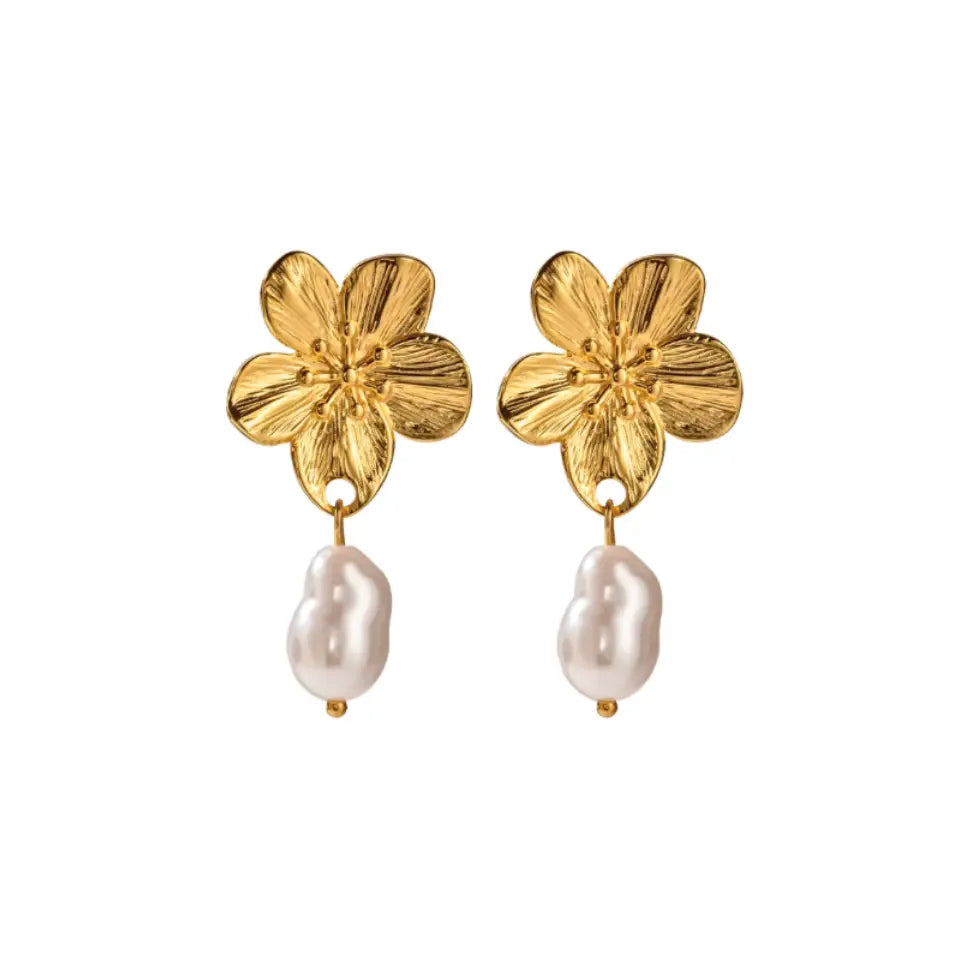 Flower Drop Pearl Earrings 18K Gold Plated Waterproof