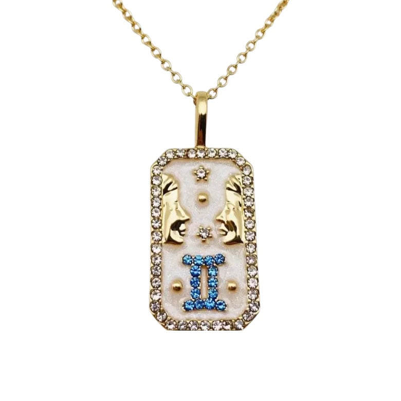 Gemini Astrological Zodiac Enamel and Cz Diamond Necklace