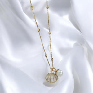 Gold Shell Pearl Charm Necklace