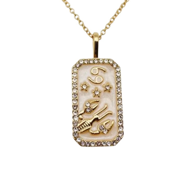 Cancer Astrological Zodiac Sign Pearl Enamel and Cz Crystal Diamond Necklace