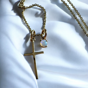 14k Gold Cross and Opal Charm Necklace