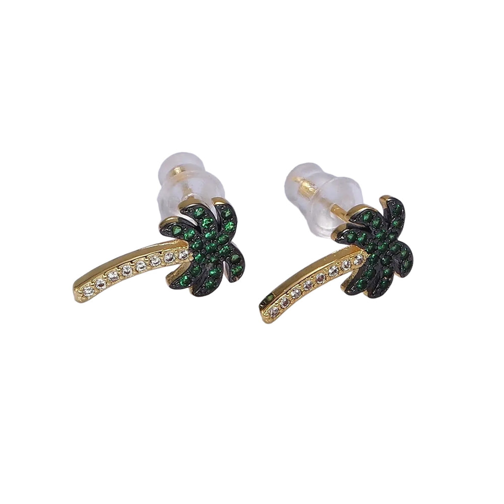 14K Gold Filled Tree Palm Leaf Green Micro Paved Cz Stud Earrings