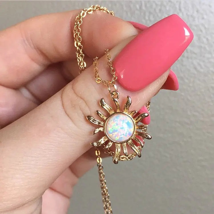 Gold Opal Sun Moon Layered Necklace Set in Solid Copper