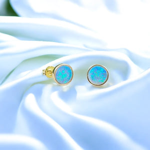 Blue Fire Opal Round Bezel Earrings